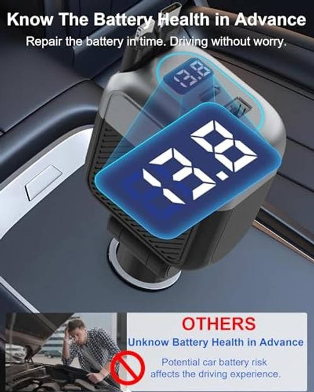 Retractable car charger with LED temperature-style indicator and USB ports on top