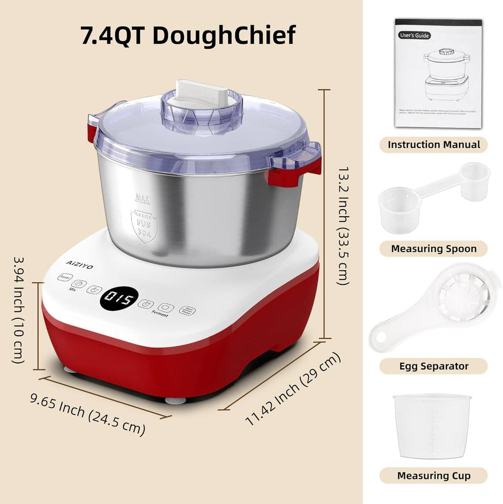 7.4QT dough mixer dimensions diagram with included accessories and measuring tools