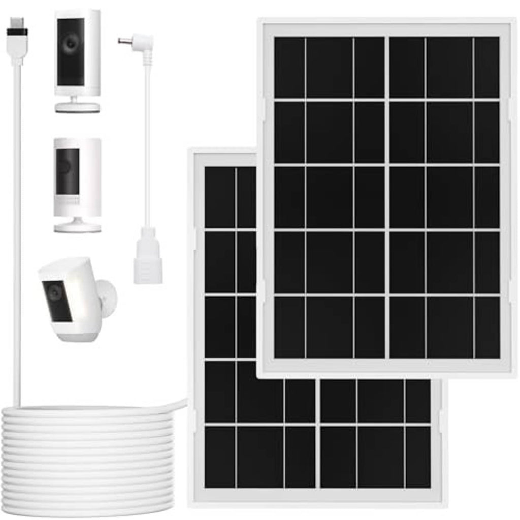 Solar panel charger kit with two black solar panels and white mounting components