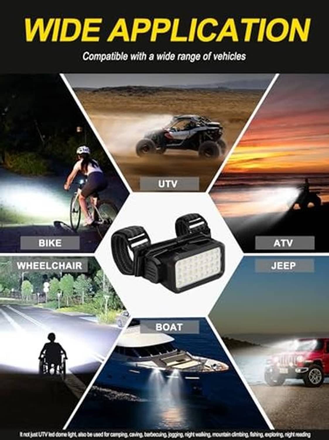 Rechargeable LED dome light unit with multi-vehicle use collage graphic