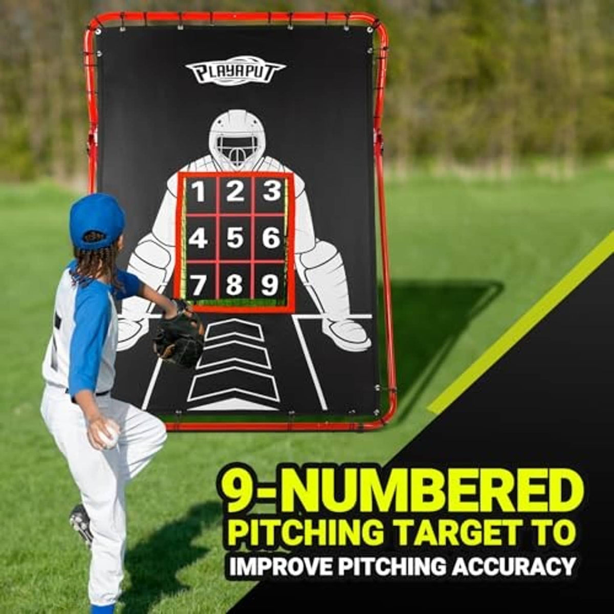 Baseball pitching target net with black face, numbered target, and red frame outdoors