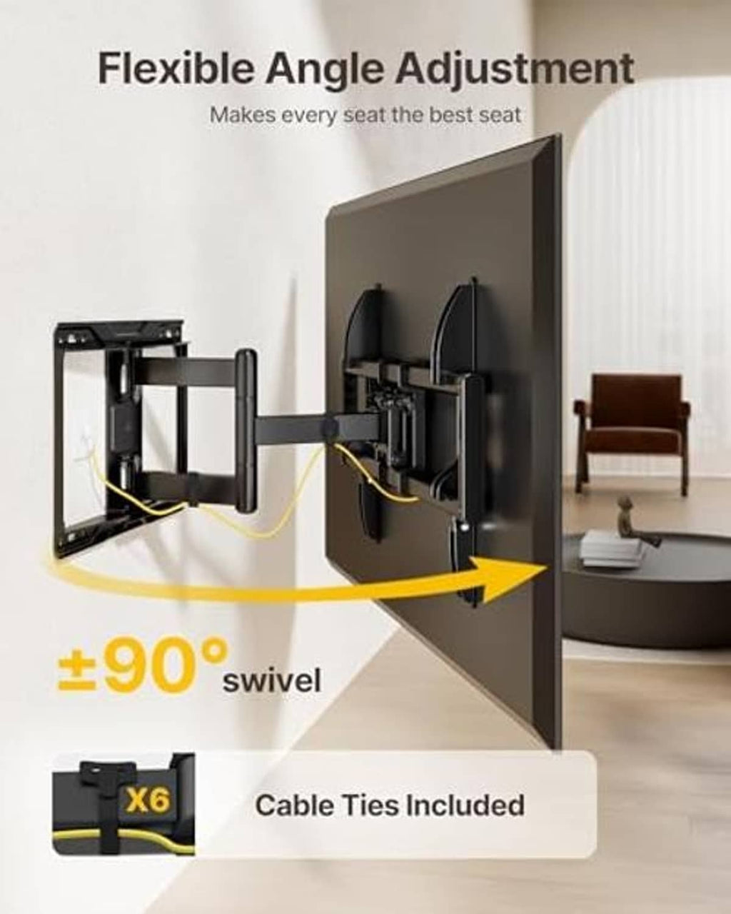 Full motion TV wall mount showing swivel arm movement and included cable ties