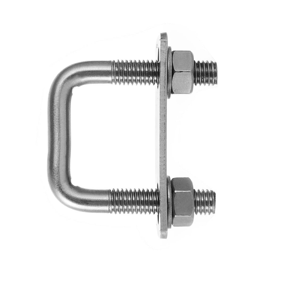 Square U-bolt clamp with two threaded legs and hex nuts, stainless steel