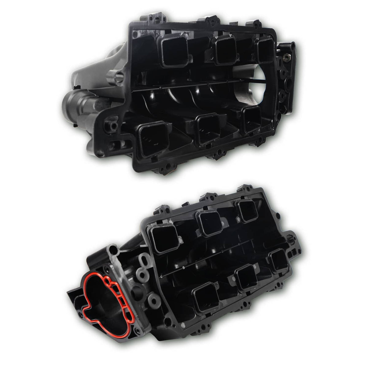Black intake manifold housing with gasket cutouts, front and side views
