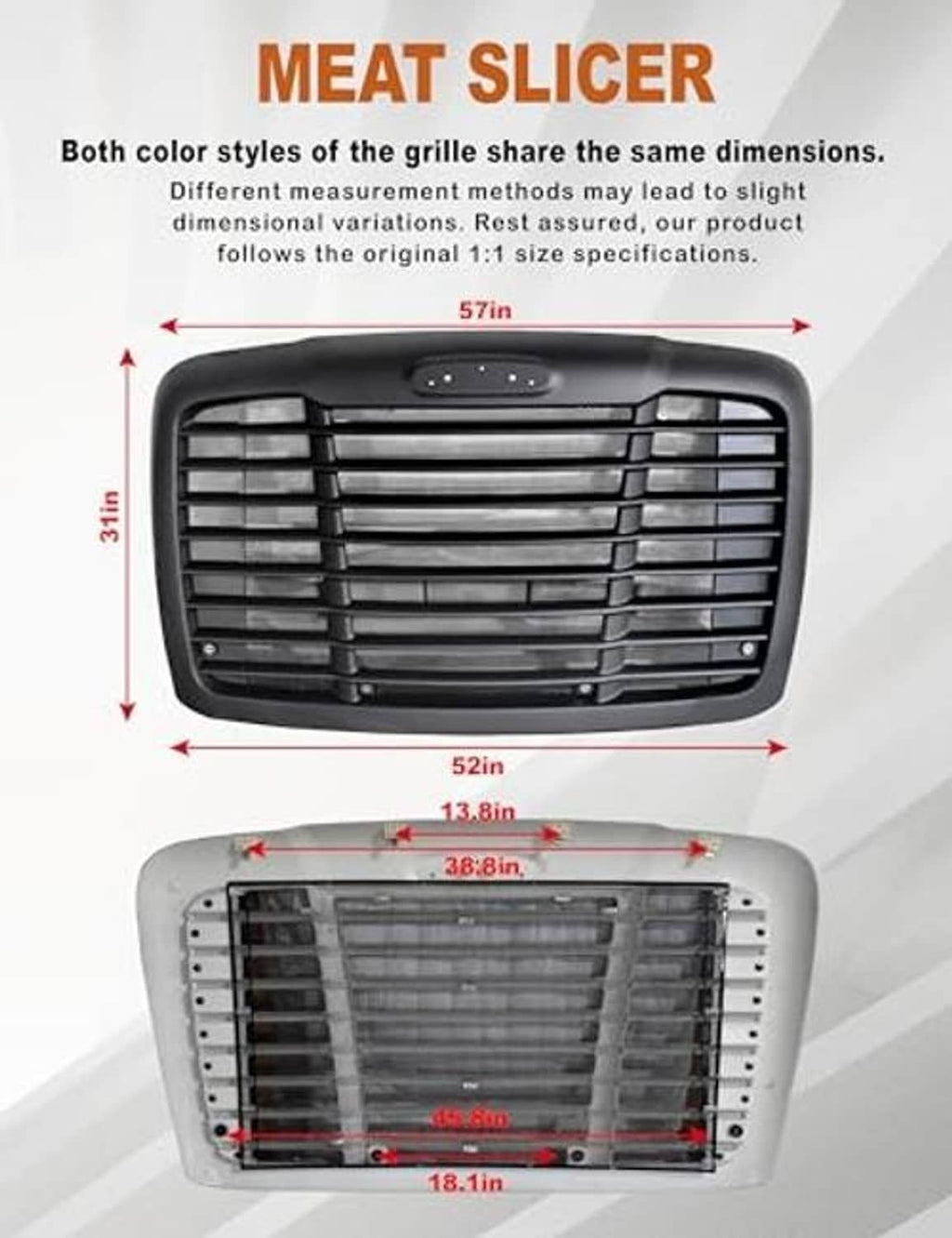 Black front grille with horizontal slats, shown with width and height dimensions