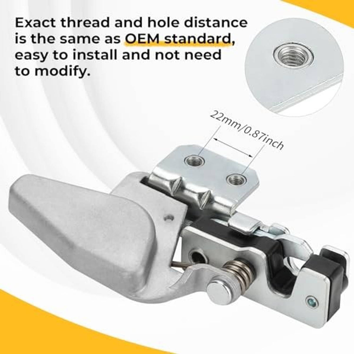 Silver door latch lock with threaded stud and mounting tab, spring latch