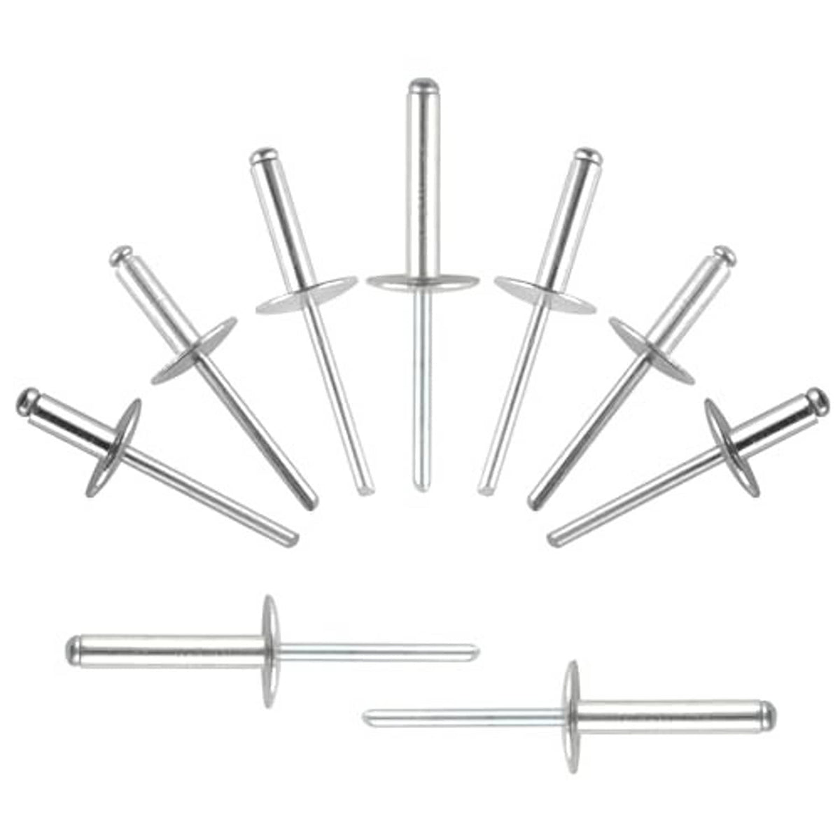 Silver aluminum blind rivets with large flange heads, scattered layout with two loose pieces