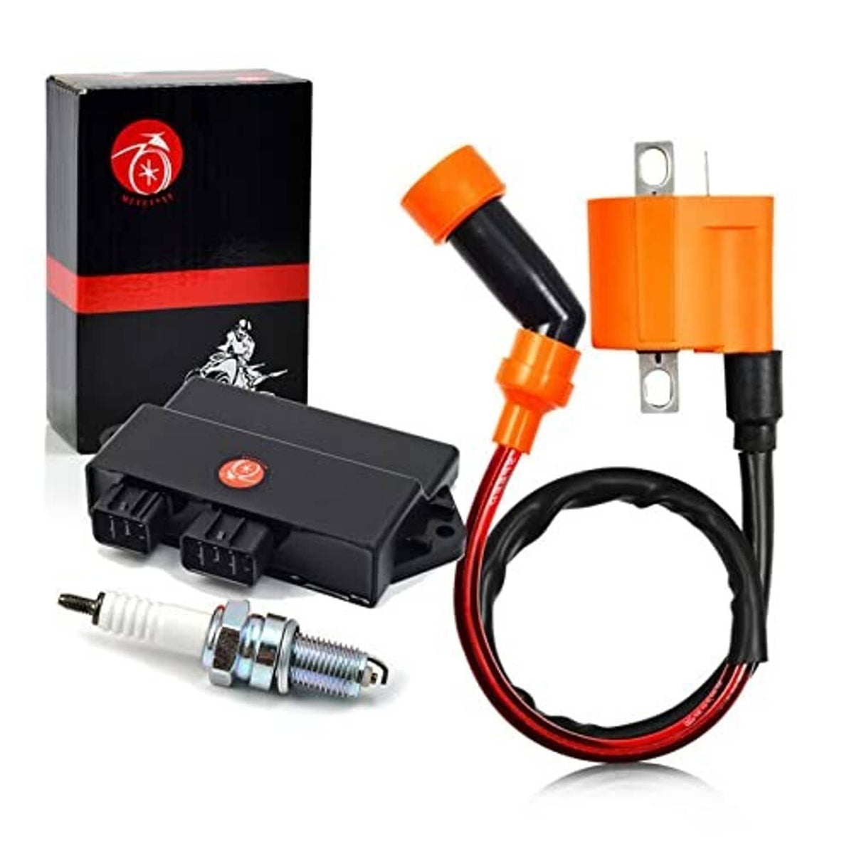 Ignition coil and CDI box kit with orange connector, black/red wires, and spark plug shown