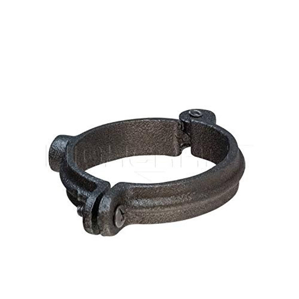 Side view of dark metal hinged split ring pipe hanger with hinged clasp and screws