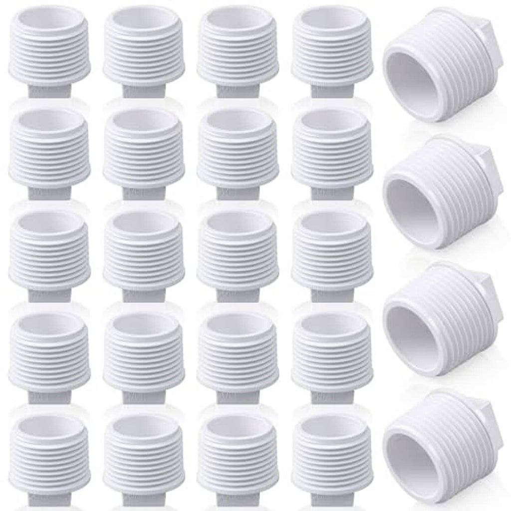 White PVC threaded pipe plug adapters, multiple caps with ribbed threads