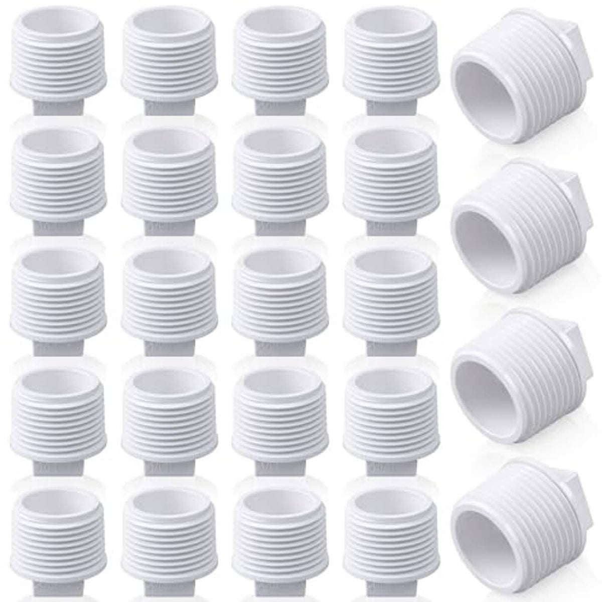 White PVC threaded pipe plug adapters, multiple caps with ribbed threads