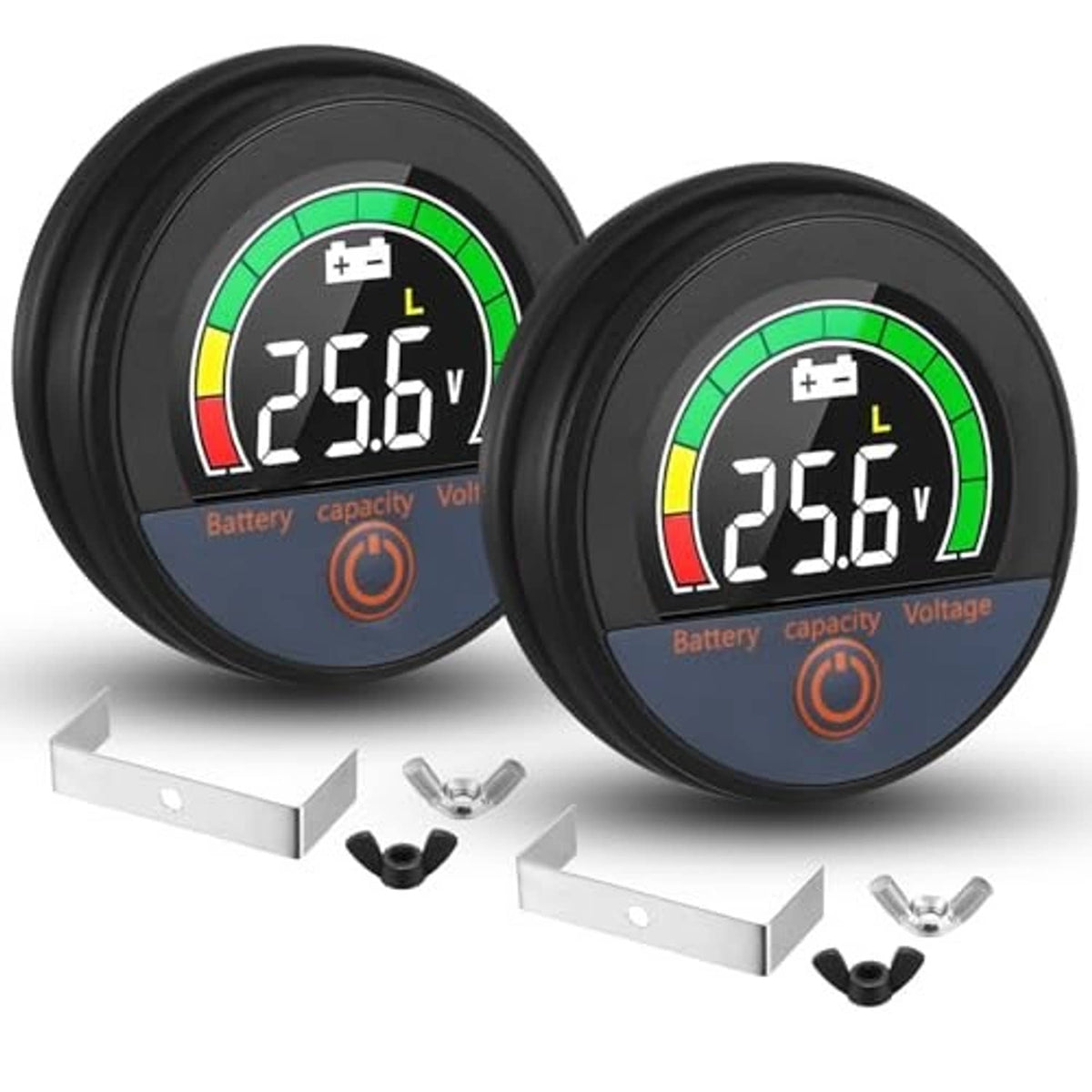 Dual-pack round digital battery monitors with bright LCD voltage readouts, black housings