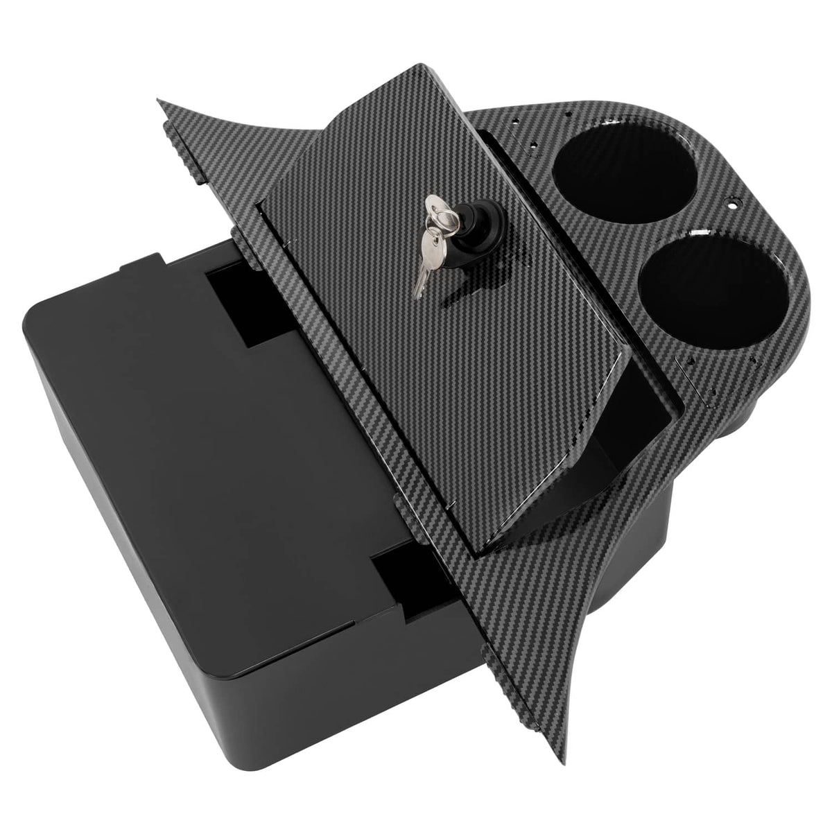 Carbon-fiber style dash storage unit with key cylinder and two circular cup holder cutouts