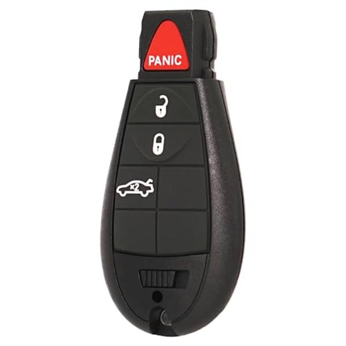 Black keyless entry remote key fob with red PANIC and three-button layout