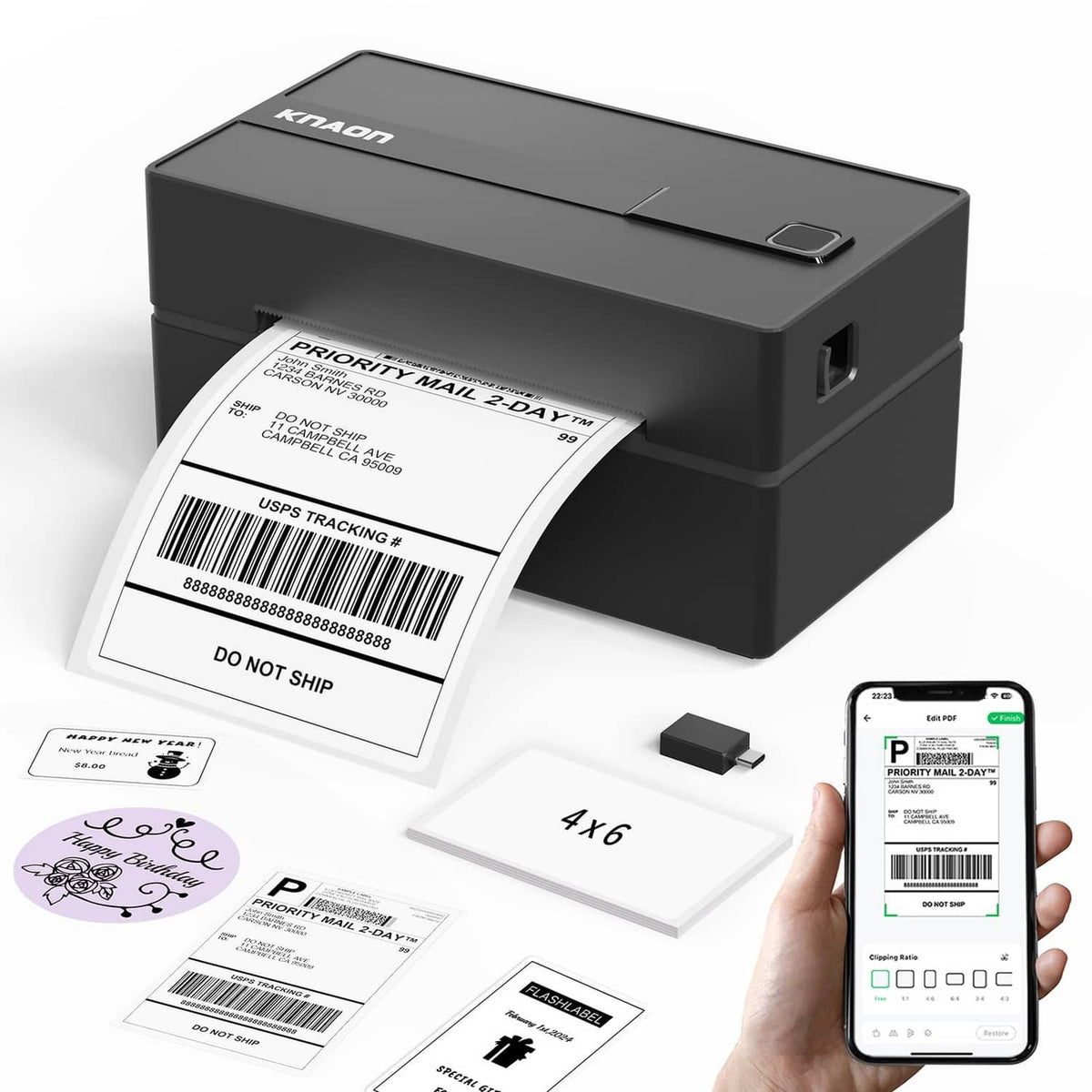 Bluetooth thermal shipping label printer with 4x6 label loaded and print opening