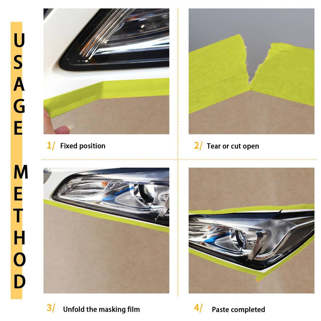 Masking tape and drape step-by-step panels for fixing and unfolding brown film