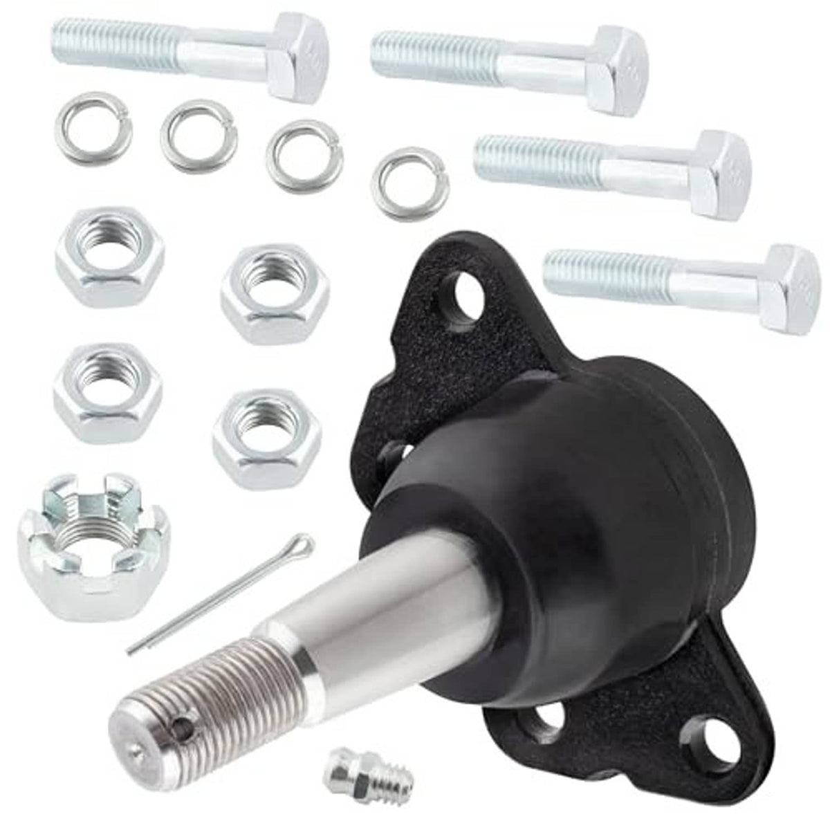 Front upper suspension ball joint with black boot and metal stud, with nuts and washers