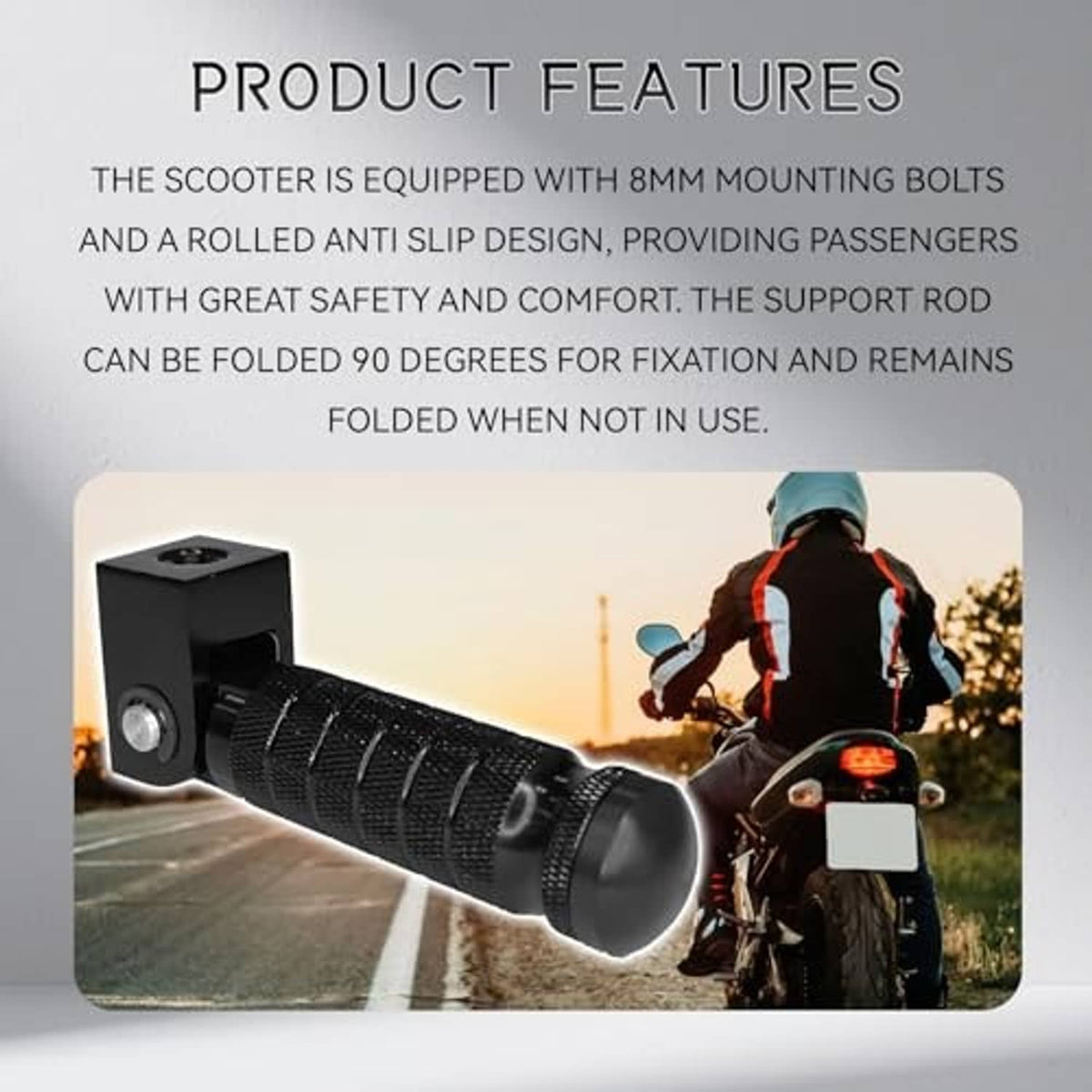 Black foot peg with textured grip sleeve and square mounting bracket