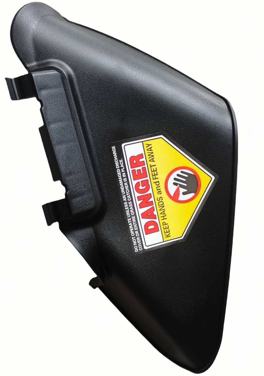 Black side discharge chute with safety warning label and mounting tabs