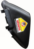 Black side discharge chute with safety warning label and mounting tabs