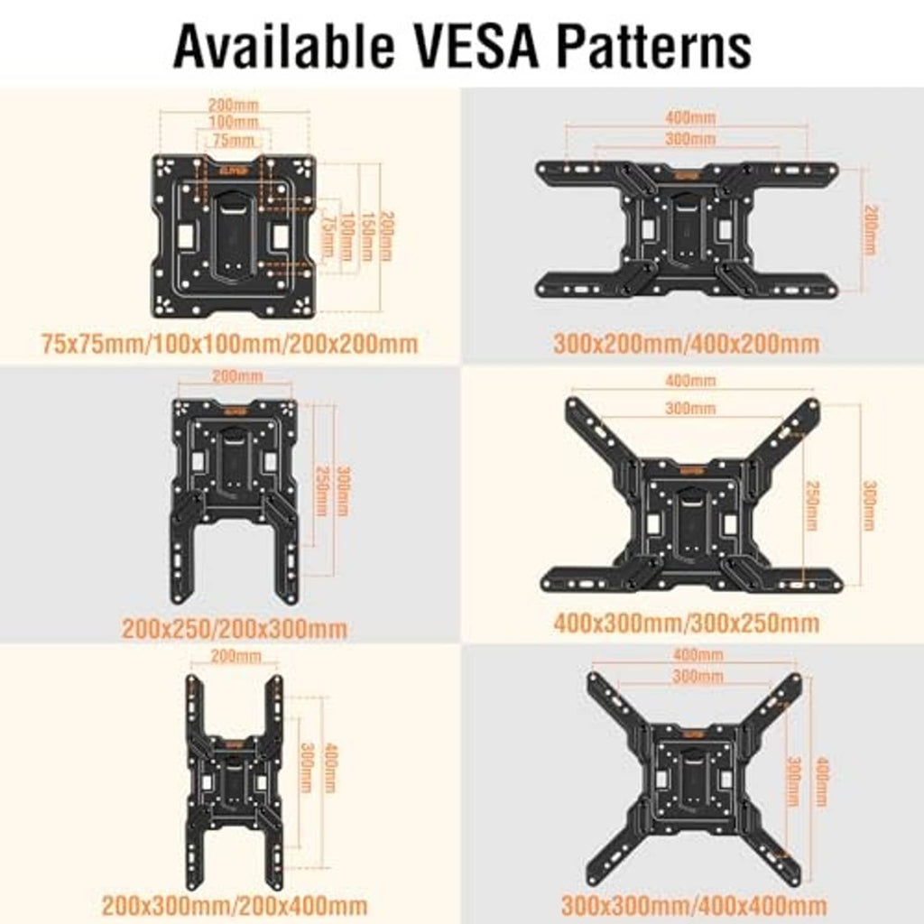 TV wall mount VESA pattern sizes diagram with mounting bracket outlines