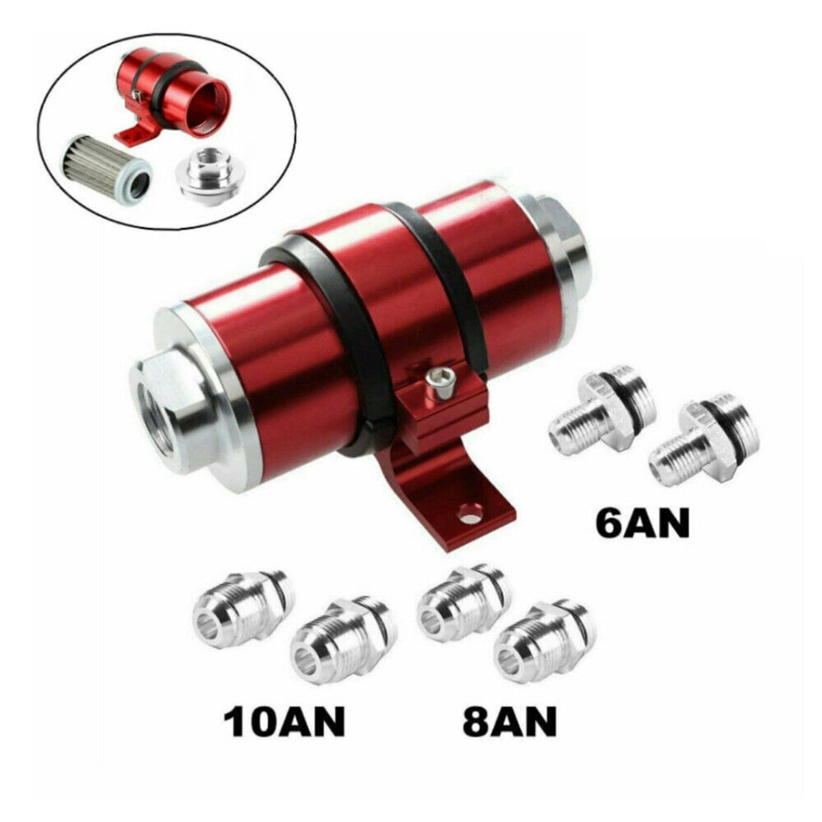 Red inline fuel filter with black mounting strap and silver AN adapters in set