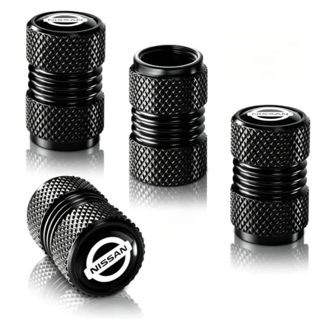 Black textured tire valve stem caps with Nissan logo, three-piece set