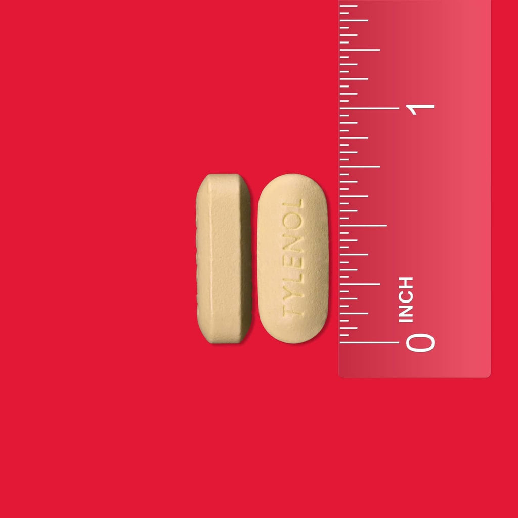 Tylenol Cold + Flu Severe caplets, two tan tablets with imprint, size shown.