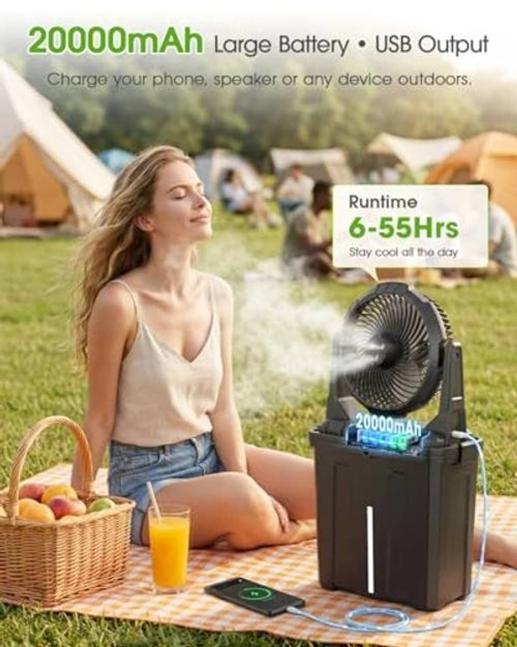 Portable misting fan on outdoor table with blue water tank
