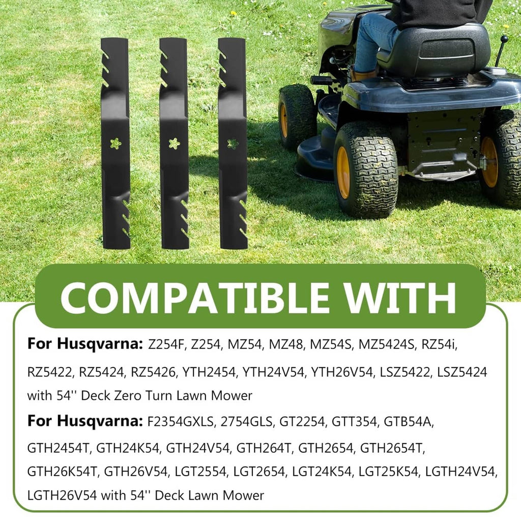 Three black mulching mower blades with serrated edges and 5-point star center holes