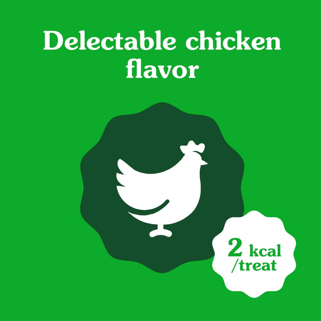Delectable chicken flavor dog treat icon with 2 kcal per treat