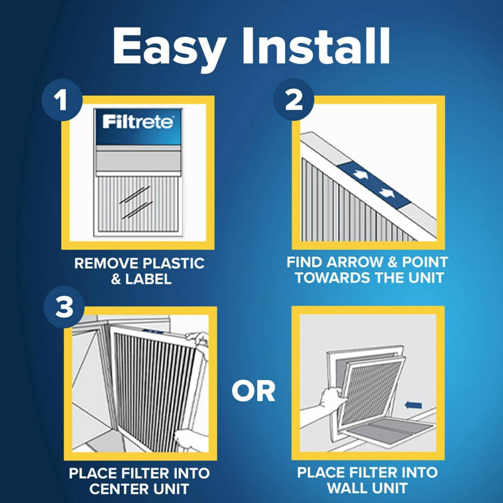 White pleated air filter shown with easy installation arrows and centered placement