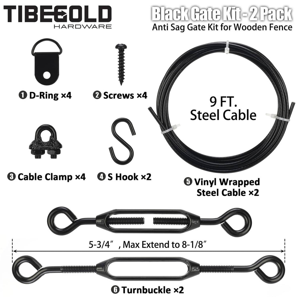 Black gate kit with 9 ft steel cable, D-rings, s-hooks, cable clamps, screws, turnbuckle