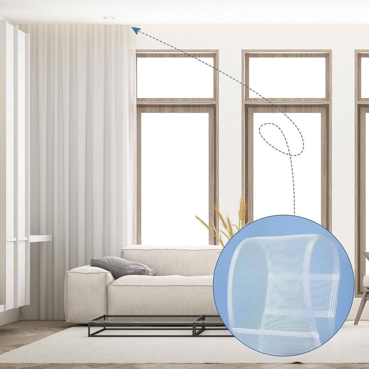 White translucent curtain pleating tape, shown as an inset circle with sheer grid