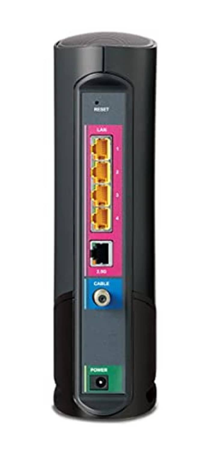 Black modem front panel with LAN ports, cable port, and power indicator