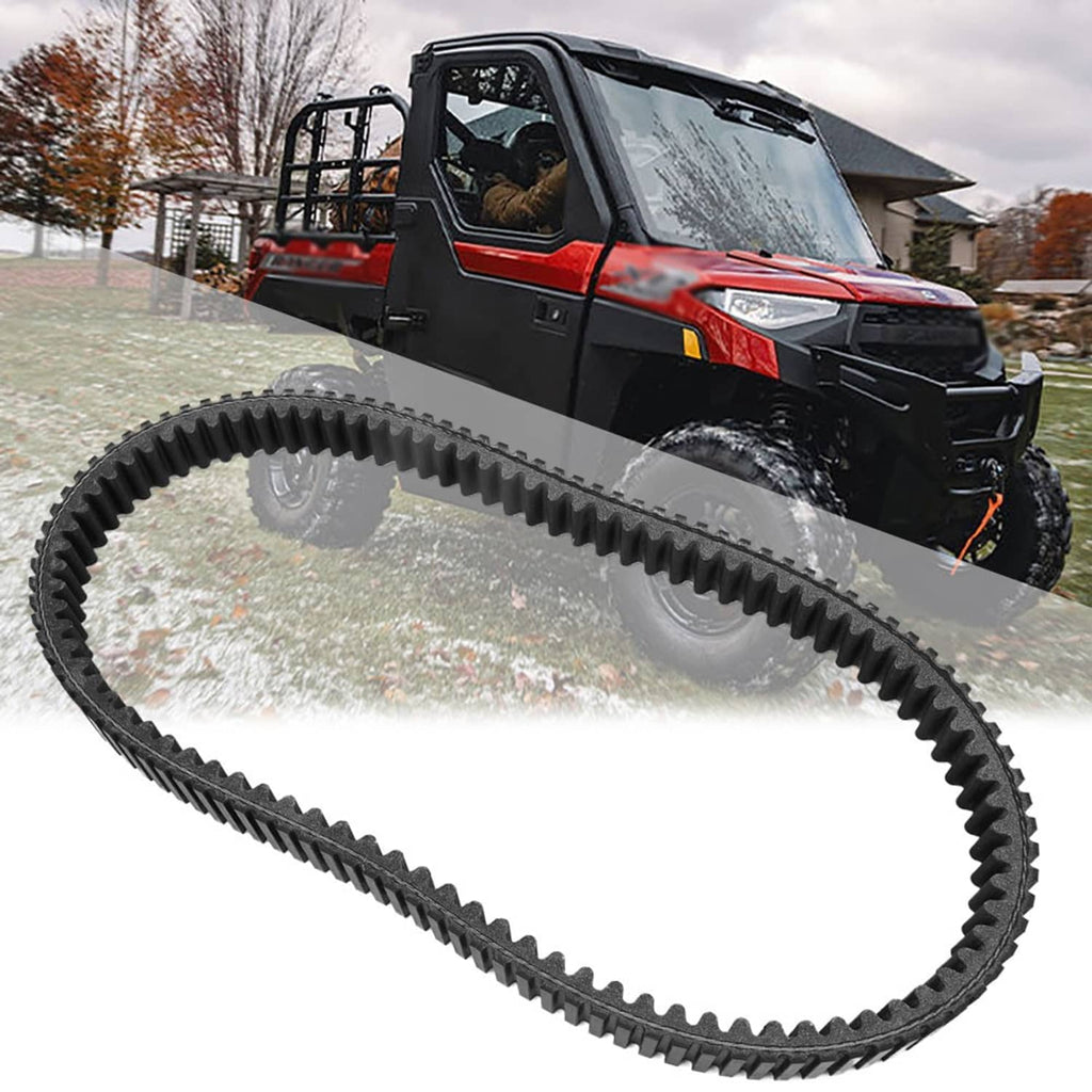 Black clutch drive belt with deep ribbed teeth, arched loop shape