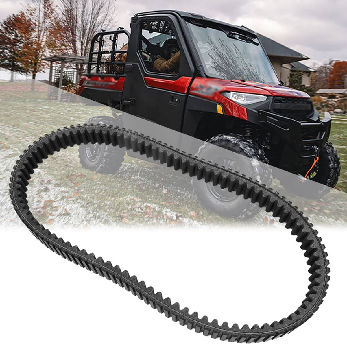 Black clutch drive belt with deep ribbed teeth, arched loop shape