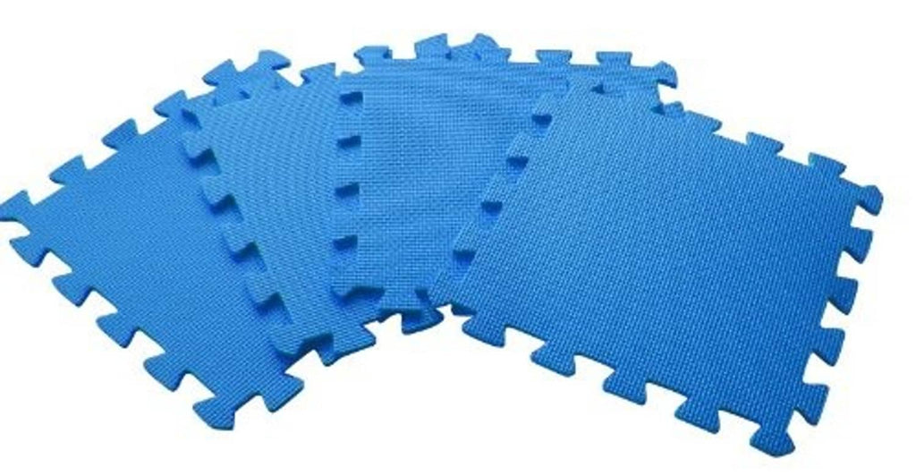 Interlocking foam floor mat tiles in bright blue with puzzle connector edges