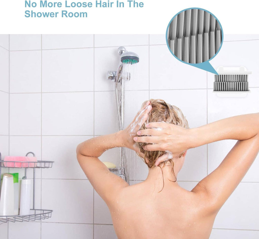 Shower wall hair catcher with comb bristles mounted near the showerhead