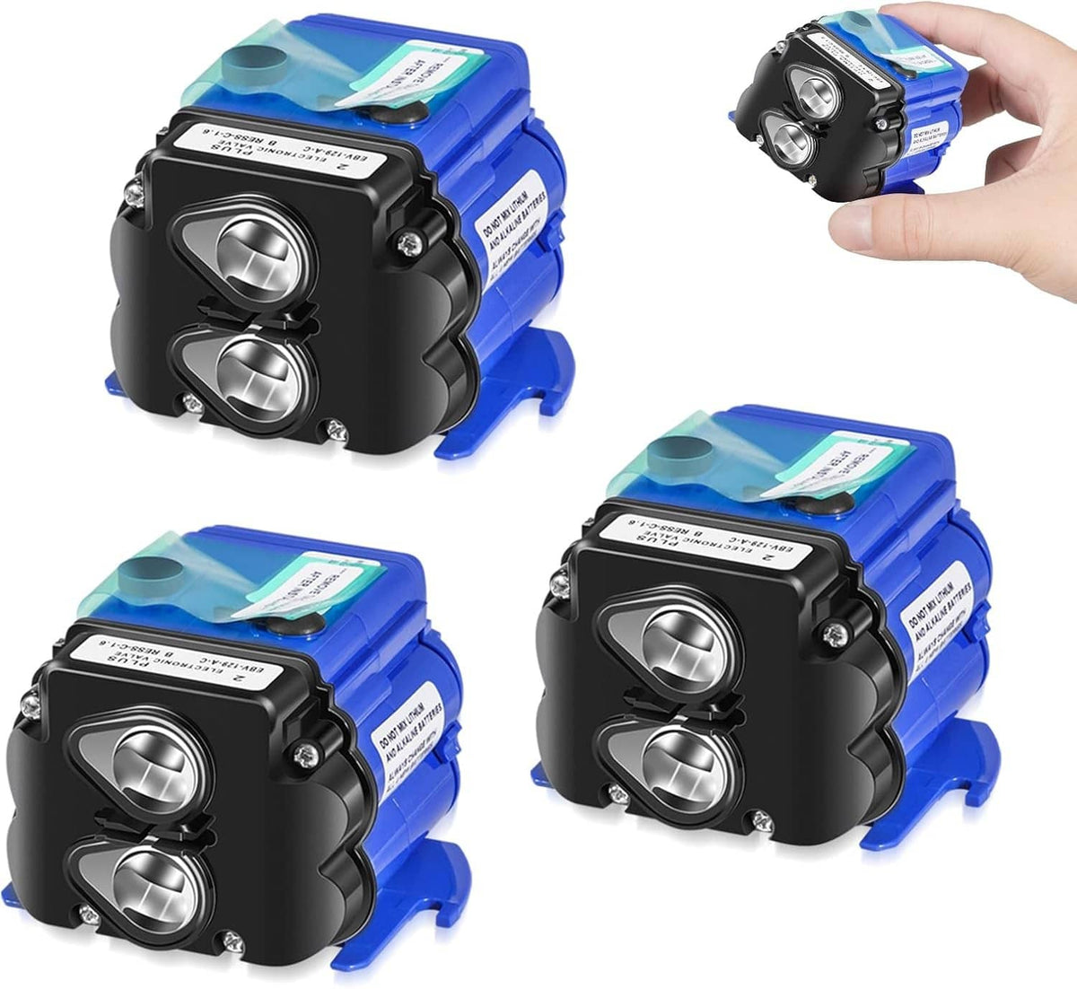 Toilet flush control module with black face and blue housing, dual sensor buttons