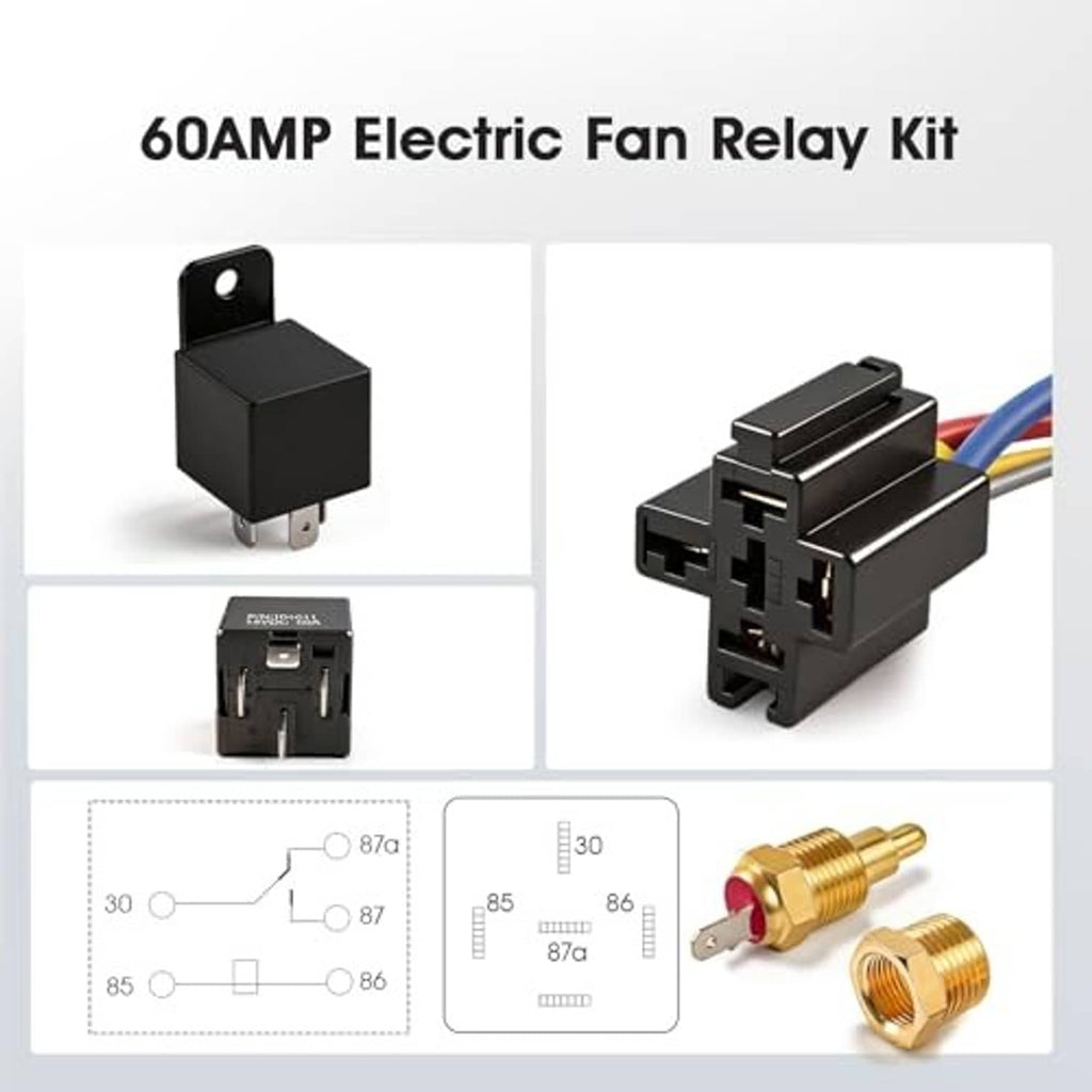 60A electric fan relay kit with two black relay housings and plug-in terminals