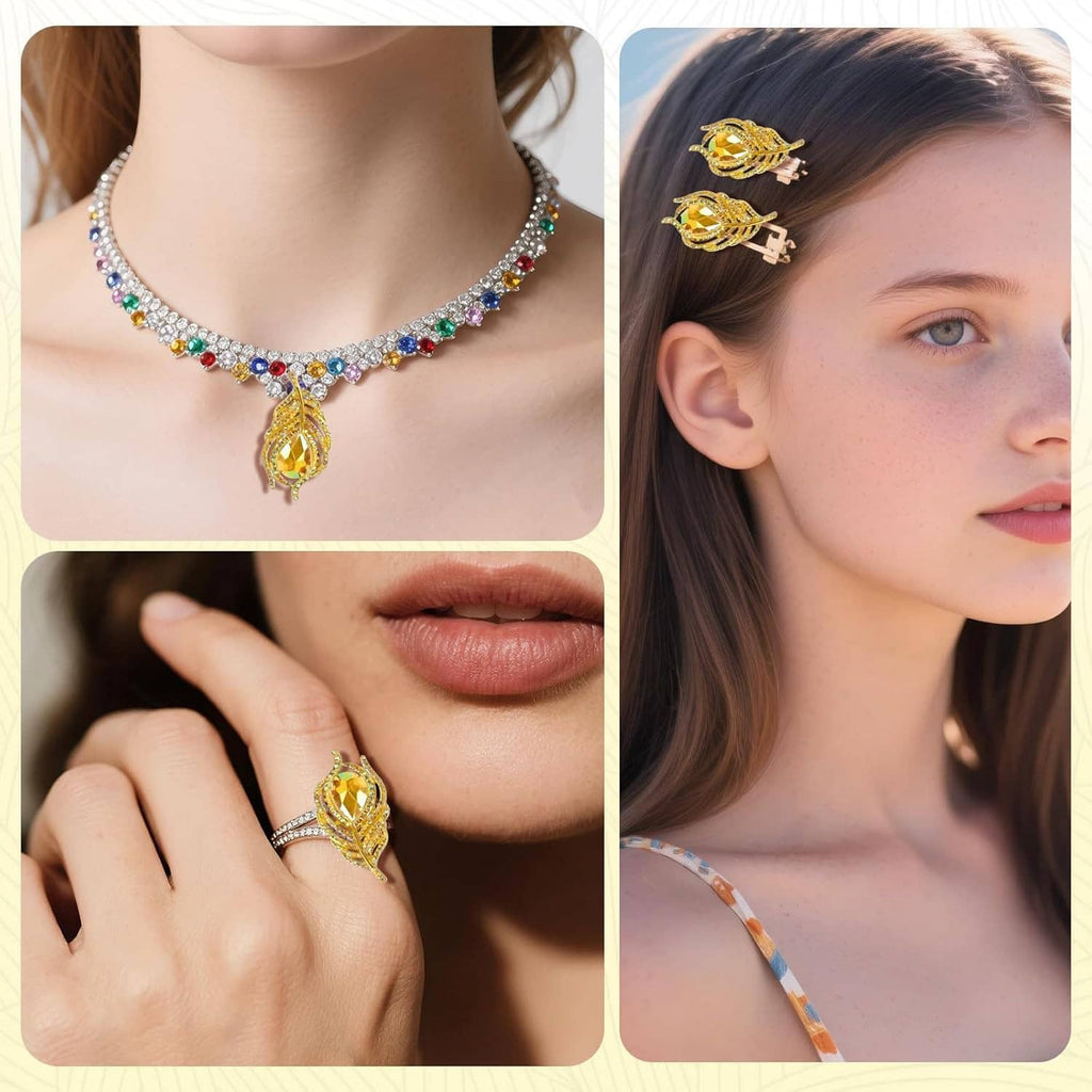 Gold and multicolor rhinestone feather charms on necklace and ring-style jewelry