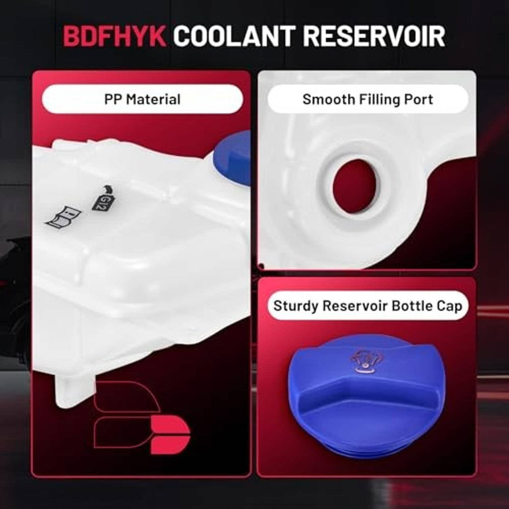 White coolant reservoir with blue cap, round fill opening, and sturdy bottle cap