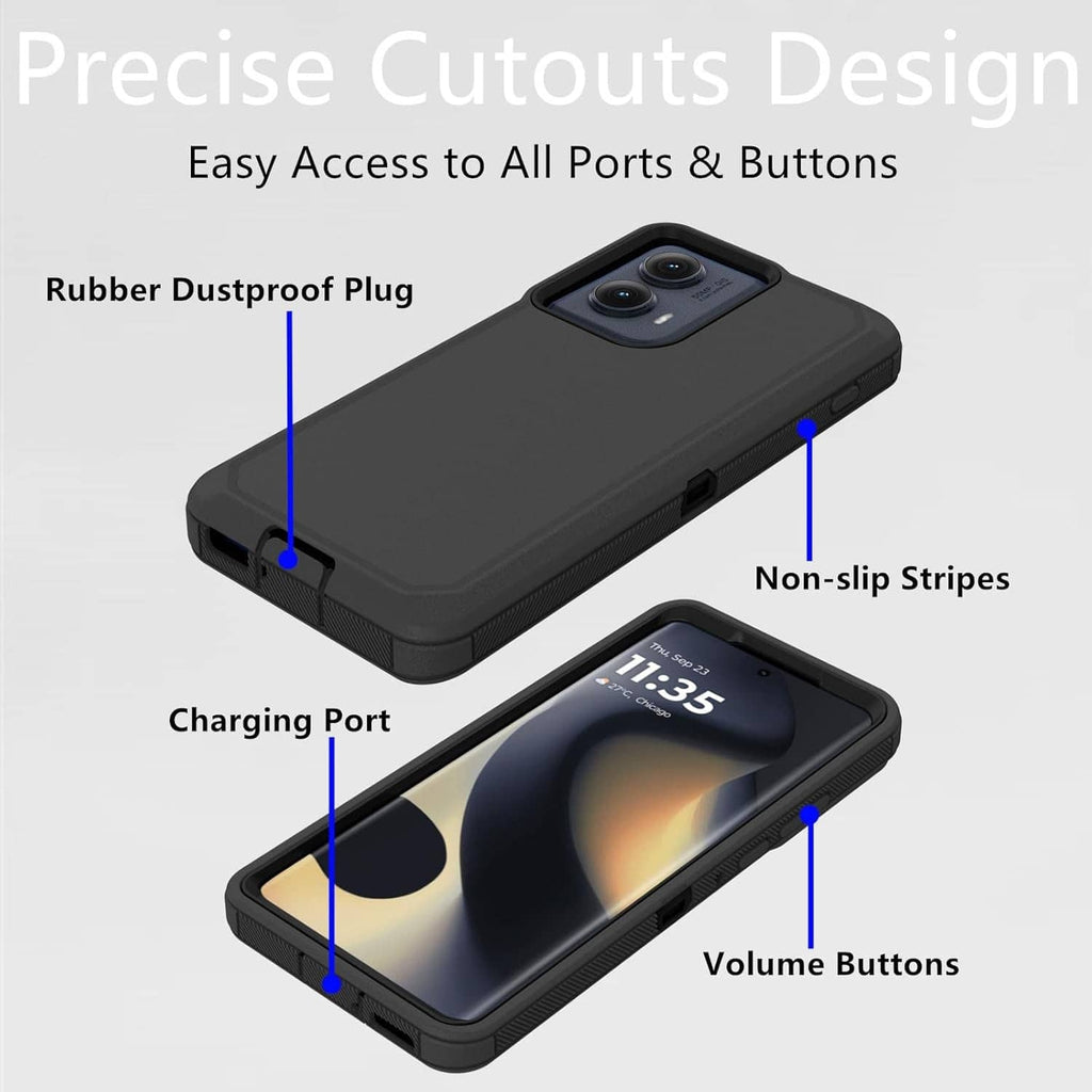 Black phone case with port cutouts, volume buttons, and dustproof-style openings
