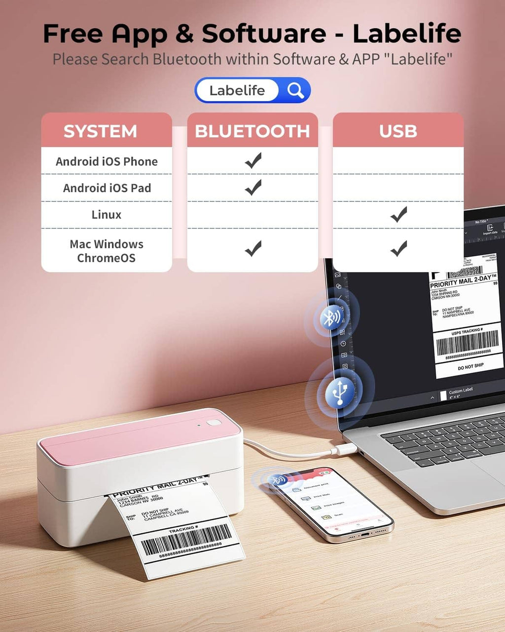 Compact thermal label printer with pink top beside phone and printed shipping labels