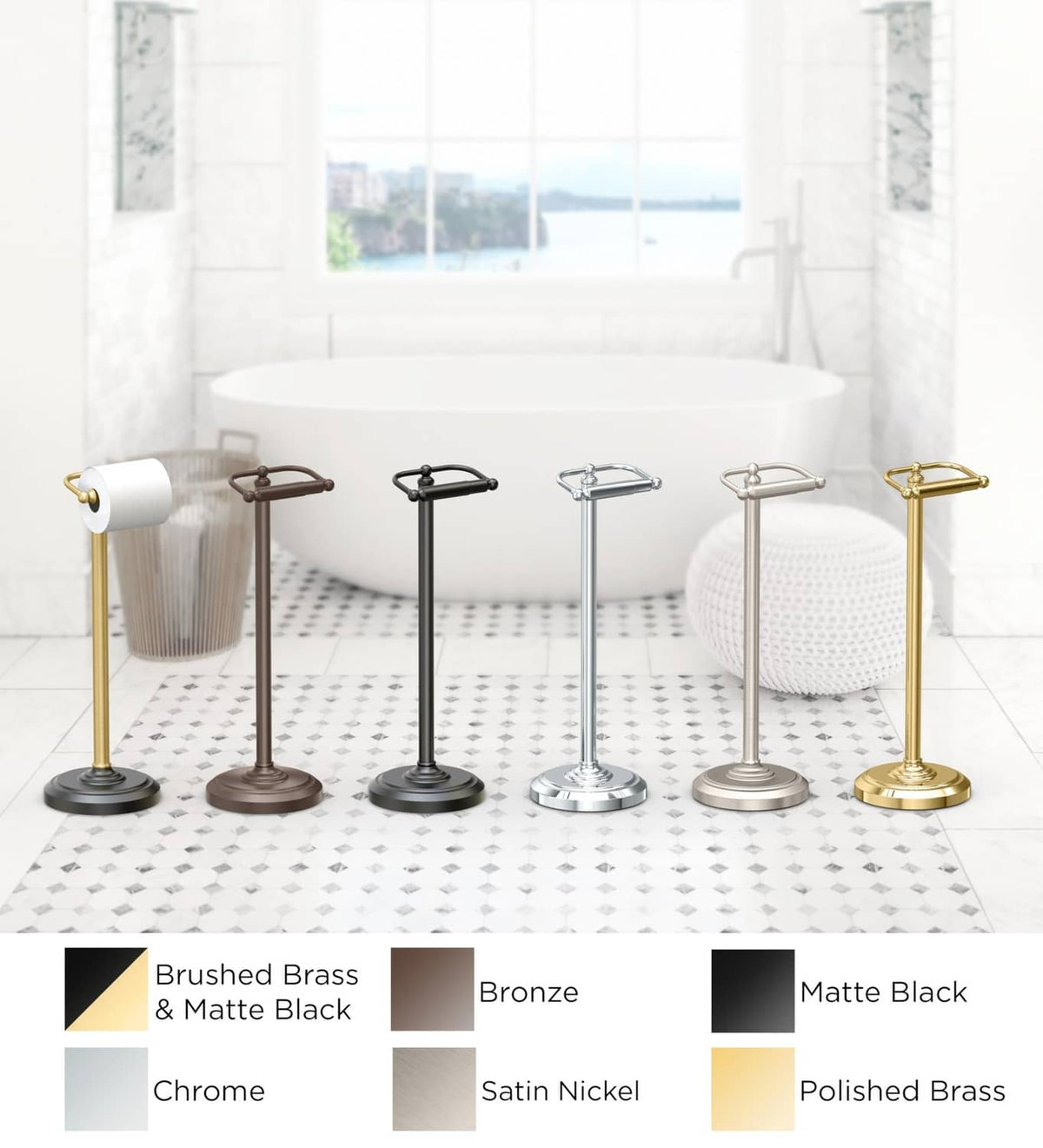 Freestanding toilet paper holders shown in multiple finishes: brass, bronze, chrome
