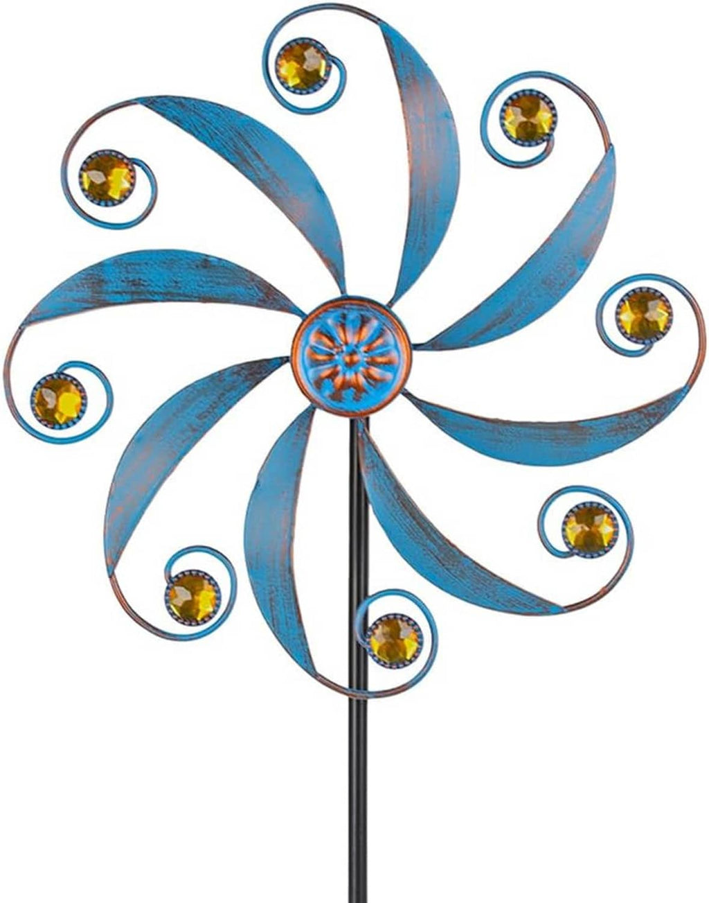 Blue metal wind spinner pinwheel with orange hub, gold accents, and tall straight stake.