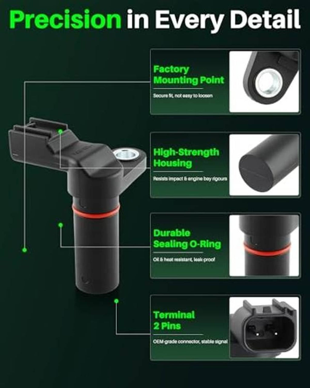 Camshaft position sensor diagram showing housing, red seal o-ring, and 2-pin terminal