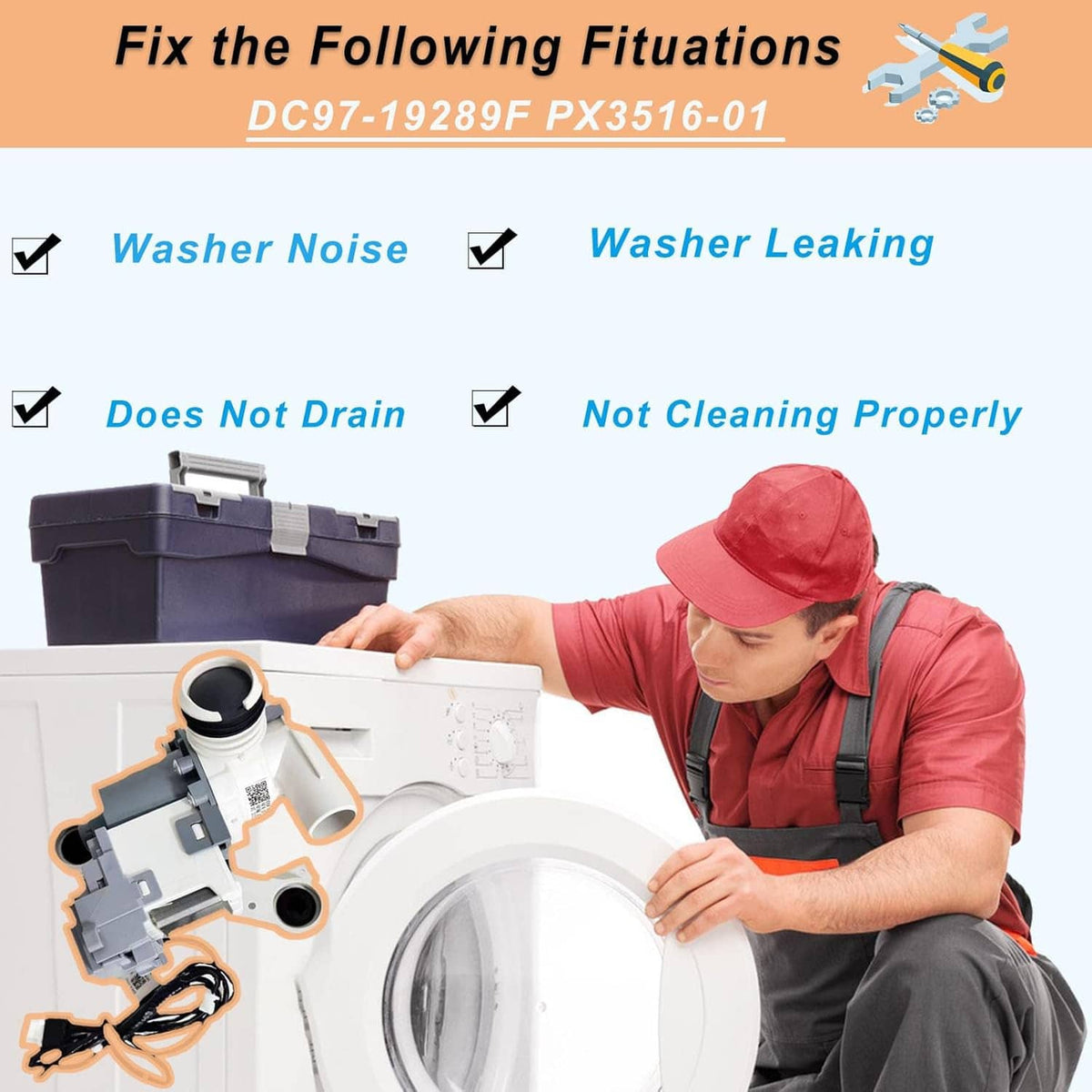 Washer drain pump assembly with wiring harness, shown in a repair checklist graphic
