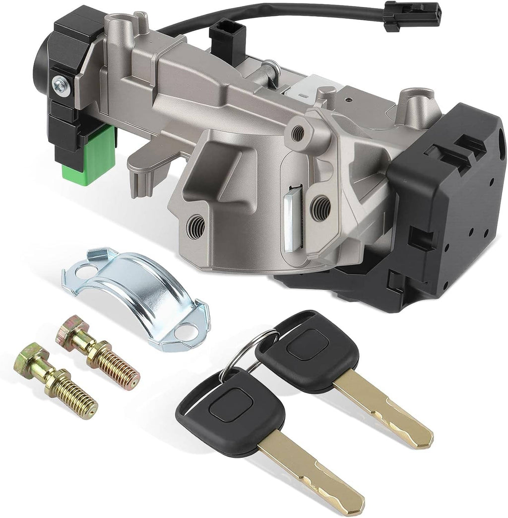 Ignition switch cylinder lock assembly with two black keys, bolts, and mounting hardware